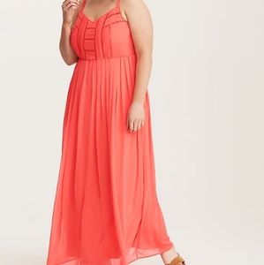 Pleated chiffon maxi dress, bright coral